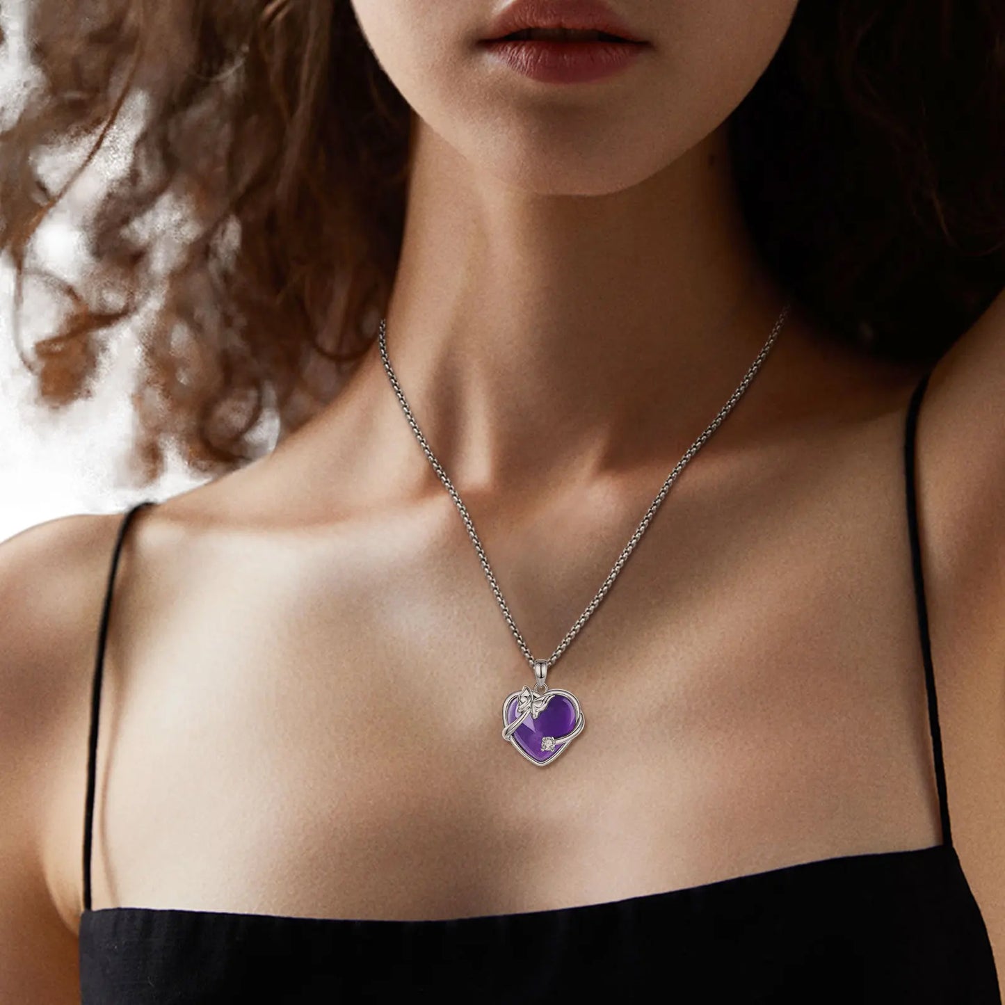 Amethyst Heart Pendant – Butterfly Crystal Healing Necklace for Women