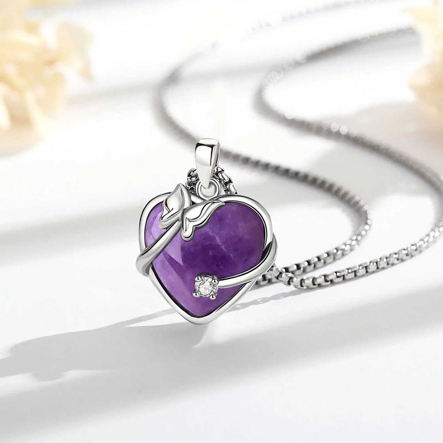 Amethyst Heart Pendant – Butterfly Crystal Healing Necklace for Women