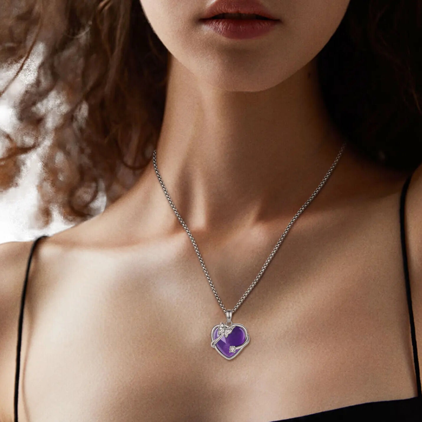 Purple Heart Pendant with Rhodium Finish and Crystal Accent