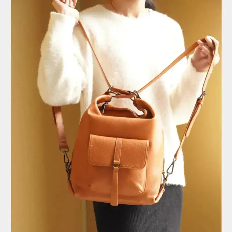 khaki leather shoulder bag – large-capacity convertible handbag - Elegantia