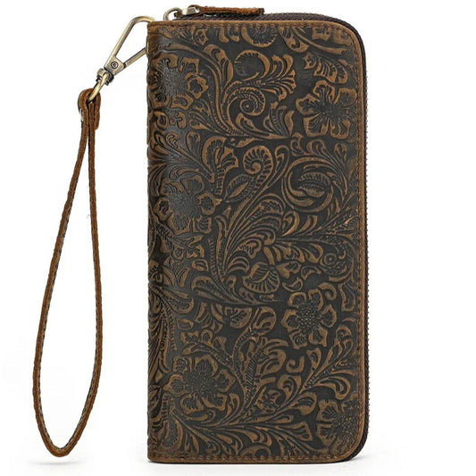 Genuine leather retro long wallet with zip