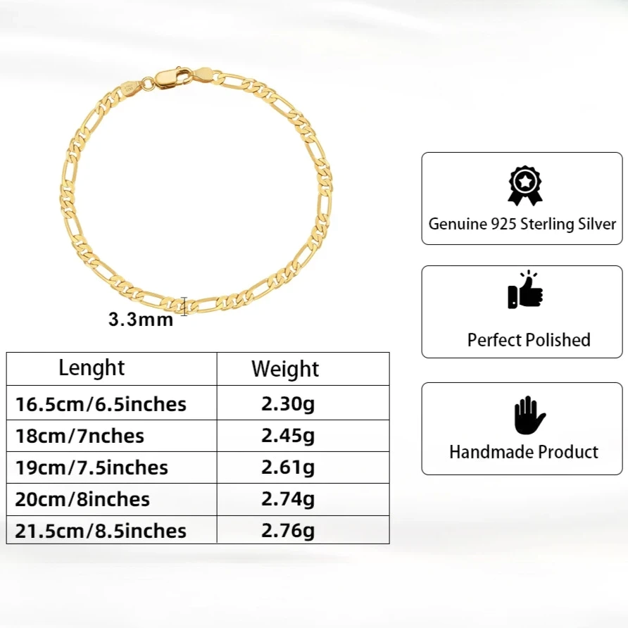 timeless italian design bracelet 3.3mm figaro chain for women