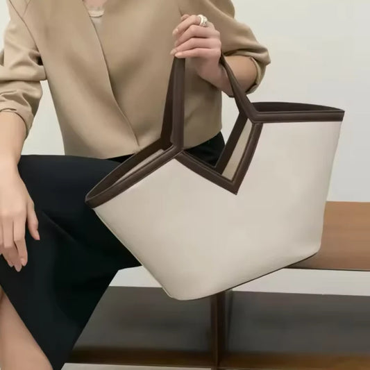 minimalist canvas shoulder tote with synthetic leather trim