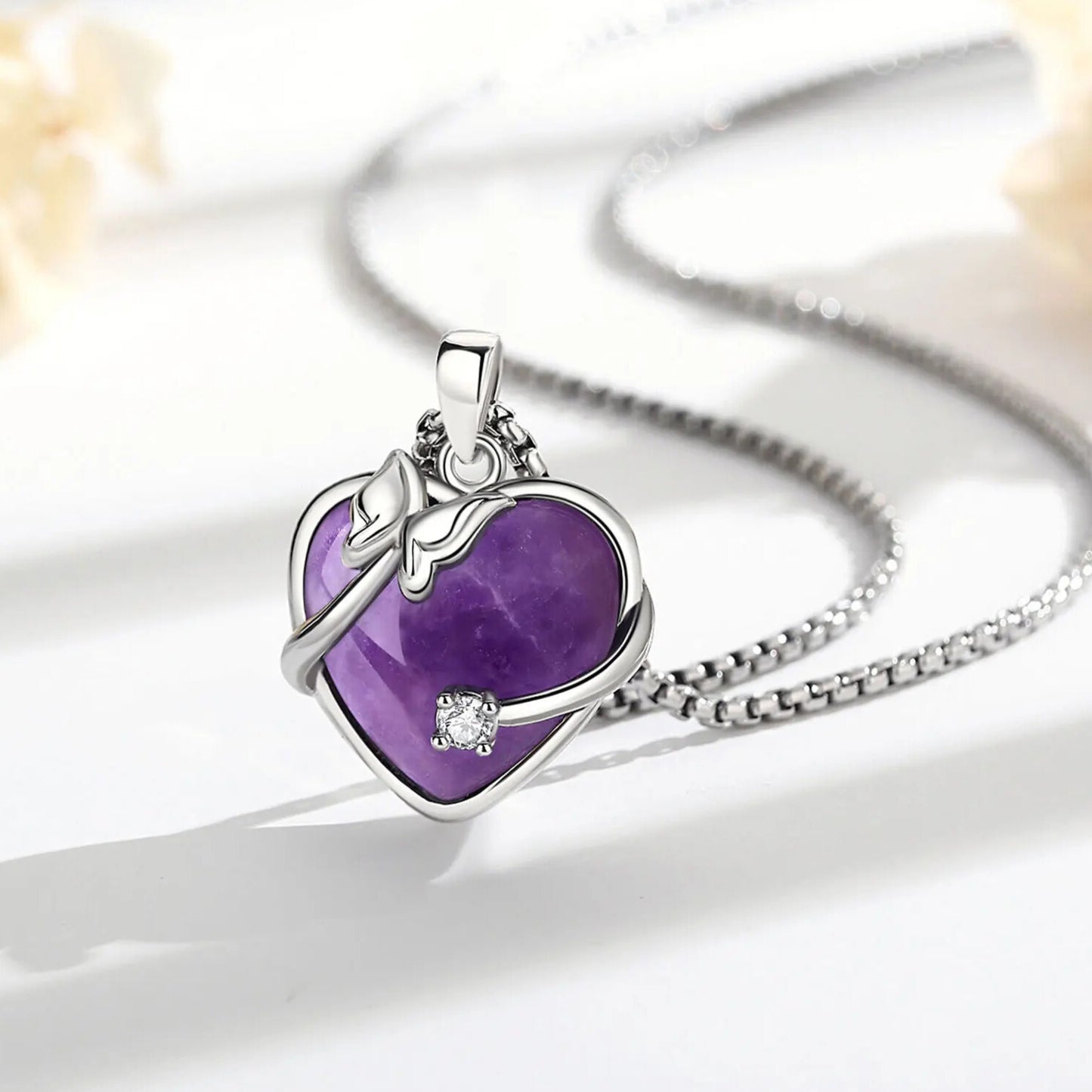 Amethyst Heart Pendant with Butterfly Crystal Detail