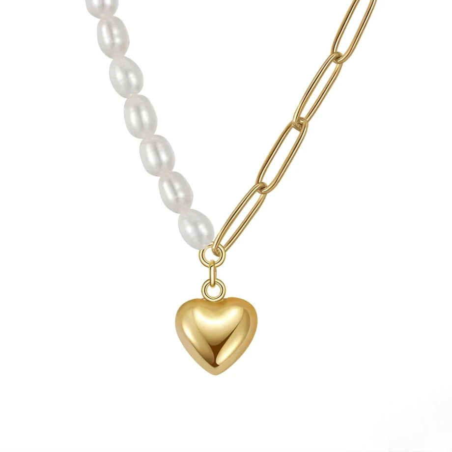 Elegant pearl heart pendant necklace on gold paperclip chain, 925 sterling silver