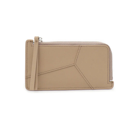 Genuine beige leather wallet with card slots and zip