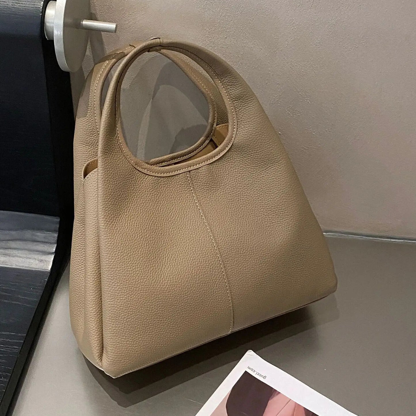 Vintage bucket style leather tote bag khaki