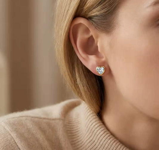 gold heart stud earrings with cubic zirconia