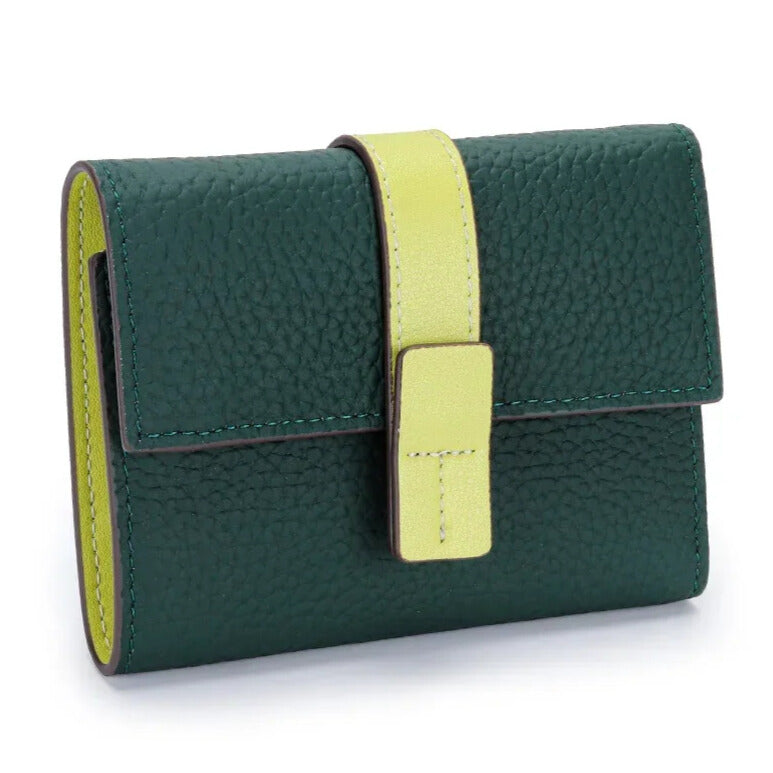 green soft cowhide short purse with multiple card slots