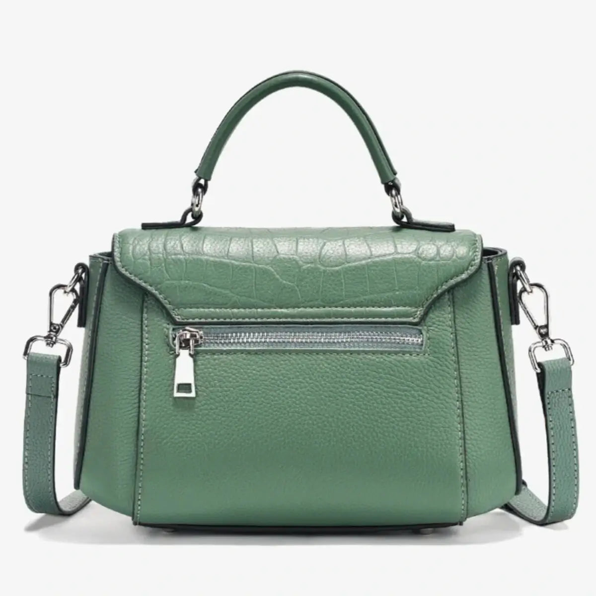 back view of green leather satchel showing adjustable strap