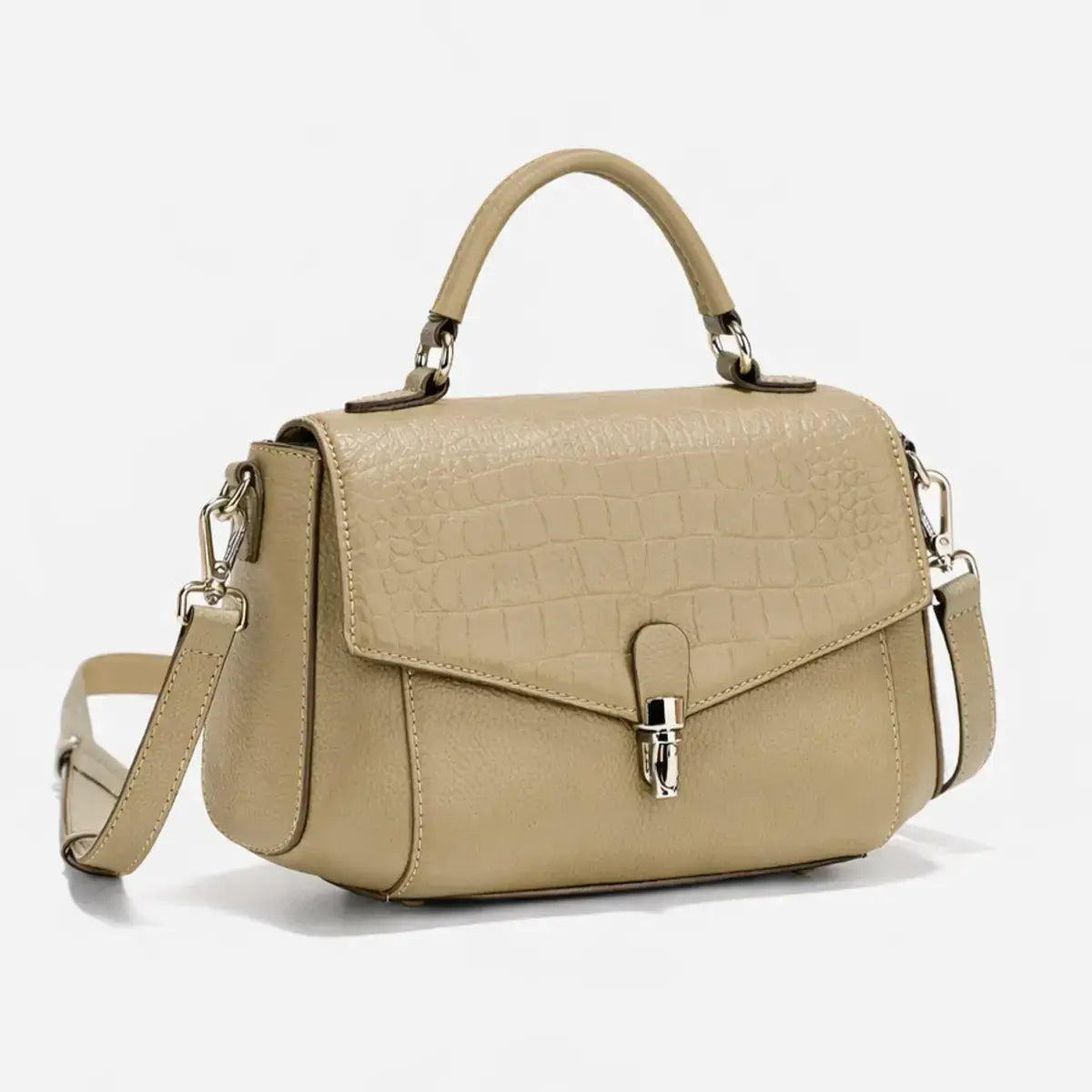 Close-up detail of khaki crocodile-embossed leather texture.