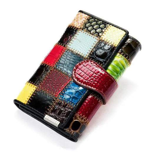 Ladies leather clutch purse with colour-block patchwork and secure hasp closure