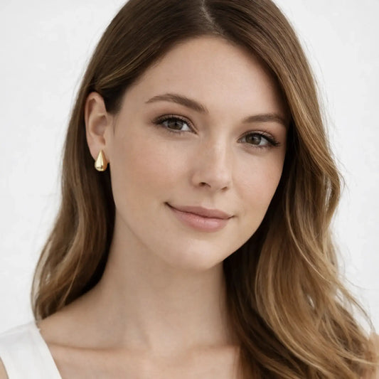 gold teardrop stud earrings for women, polished 925 sterling silver with soft water-drop shape