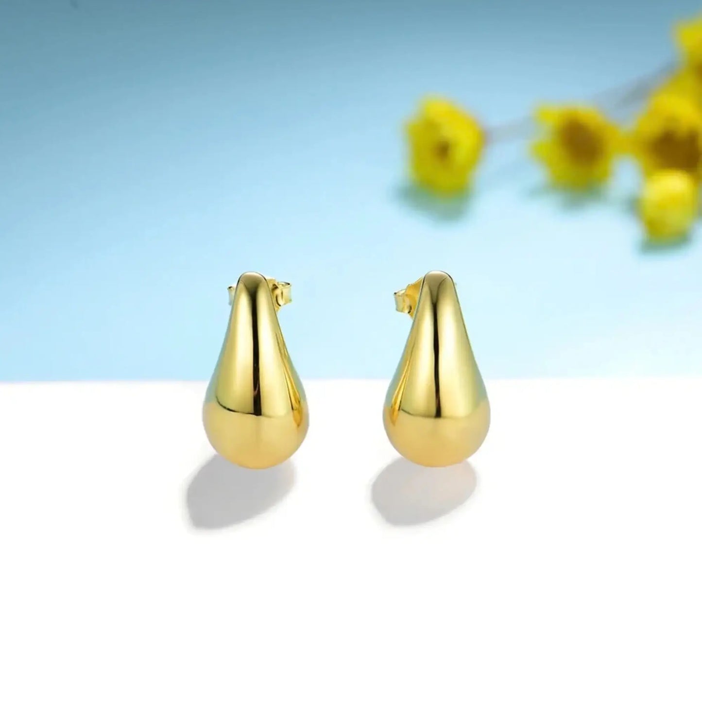 gold teardrop stud earrings in 925 sterling silver with 14K gold plating, refined minimalist jewellery
