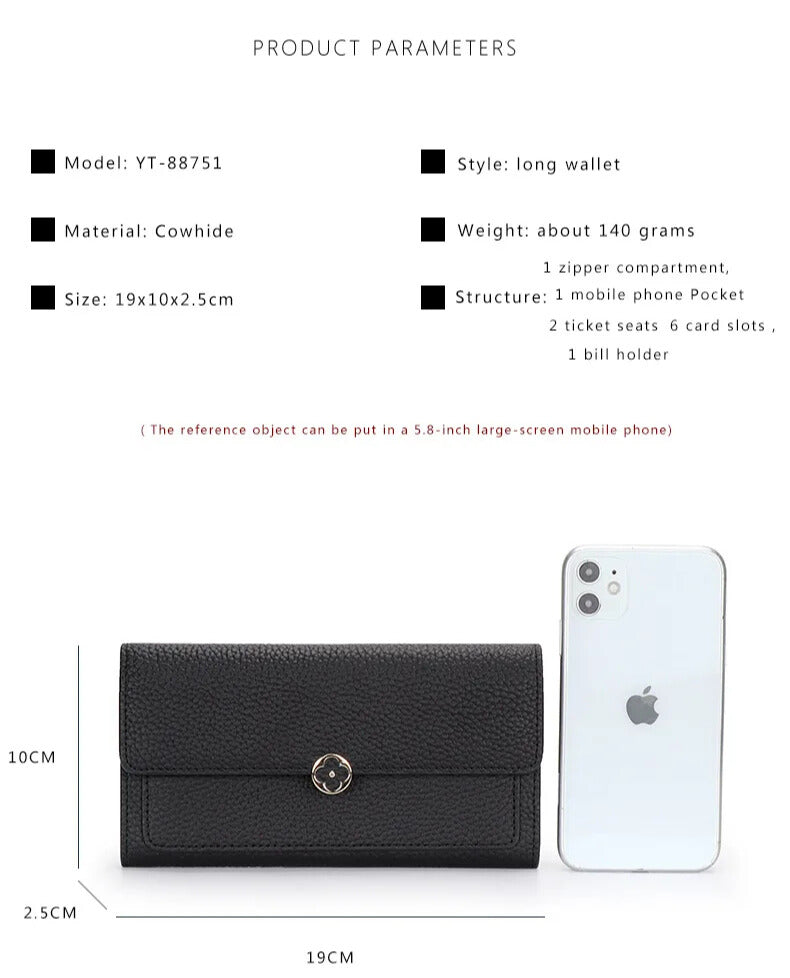 Women’s Genuine Leather Long Wallet – First-Layer Cowhide Clutch Purse