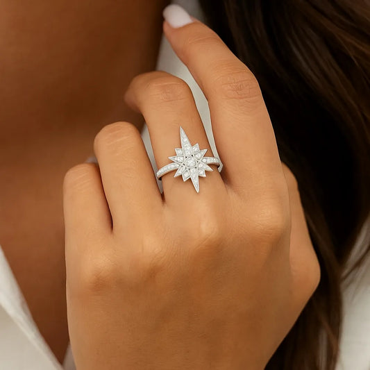 elegantia sterling silver star ring with moissanite centre