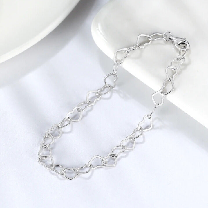 silver heart link chain bracelet for ladies