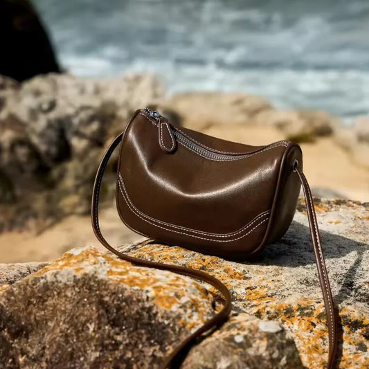 genuine leather mini bag with phone sleeve coffee