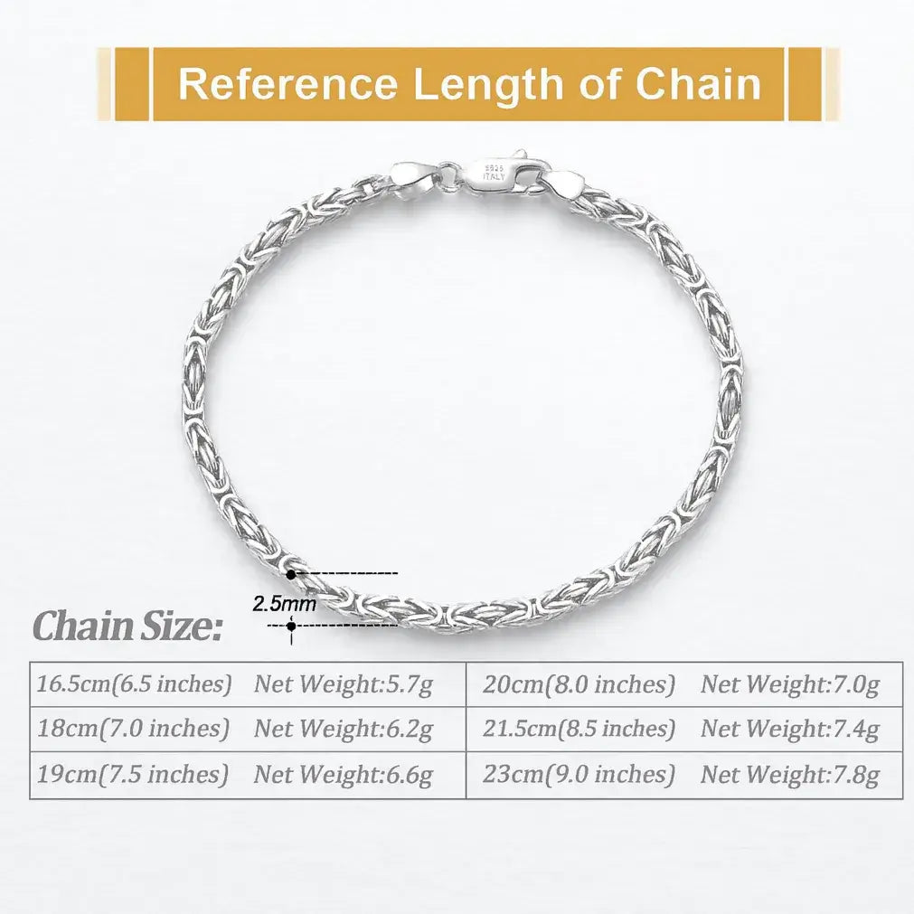 detailed shot of rounded sterling silver Byzantine links and sizes