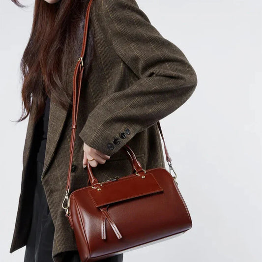 brown leather boston crossbody handbag