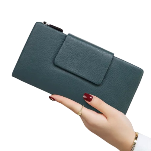 women’s genuine blue cowhide long purse with card slots and coin pocket