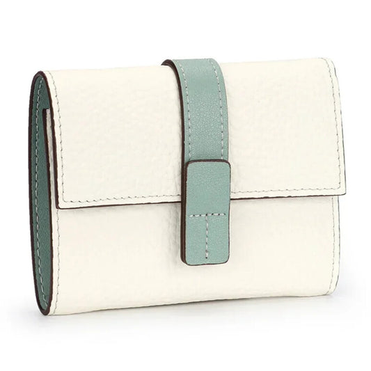 compact white cowhide trifold purse with card slots and coin pocket
