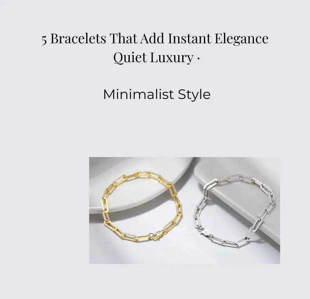 Elegantia minimalist bracelet collection displayed on a soft neutral background, showcasing gold and silver pieces for quiet luxury styling.