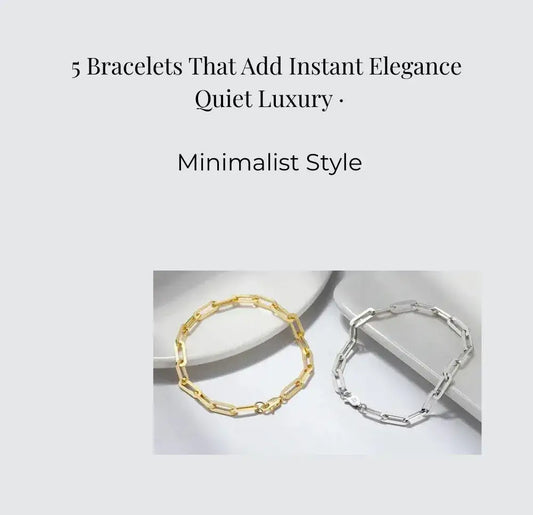Elegantia minimalist bracelet collection displayed on a soft neutral background, showcasing gold and silver pieces for quiet luxury styling.