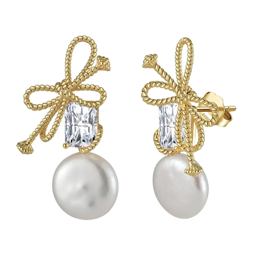 Vintage bow knot earrings in 925 sterling silver with baroque pearl drops