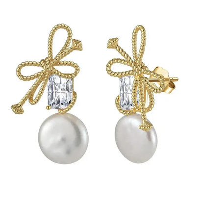 Vintage bow knot earrings in gold plated with baroque pearl drops