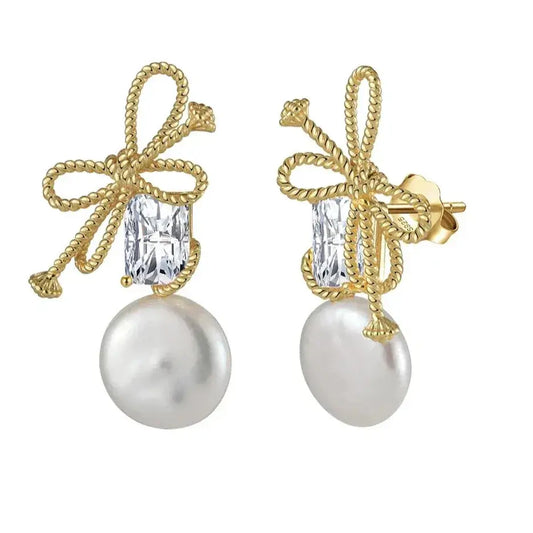 Vintage bow knot earrings in gold plated with baroque pearl drops