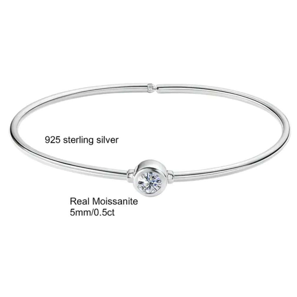 minimalist silver bangle with brilliant moissanite