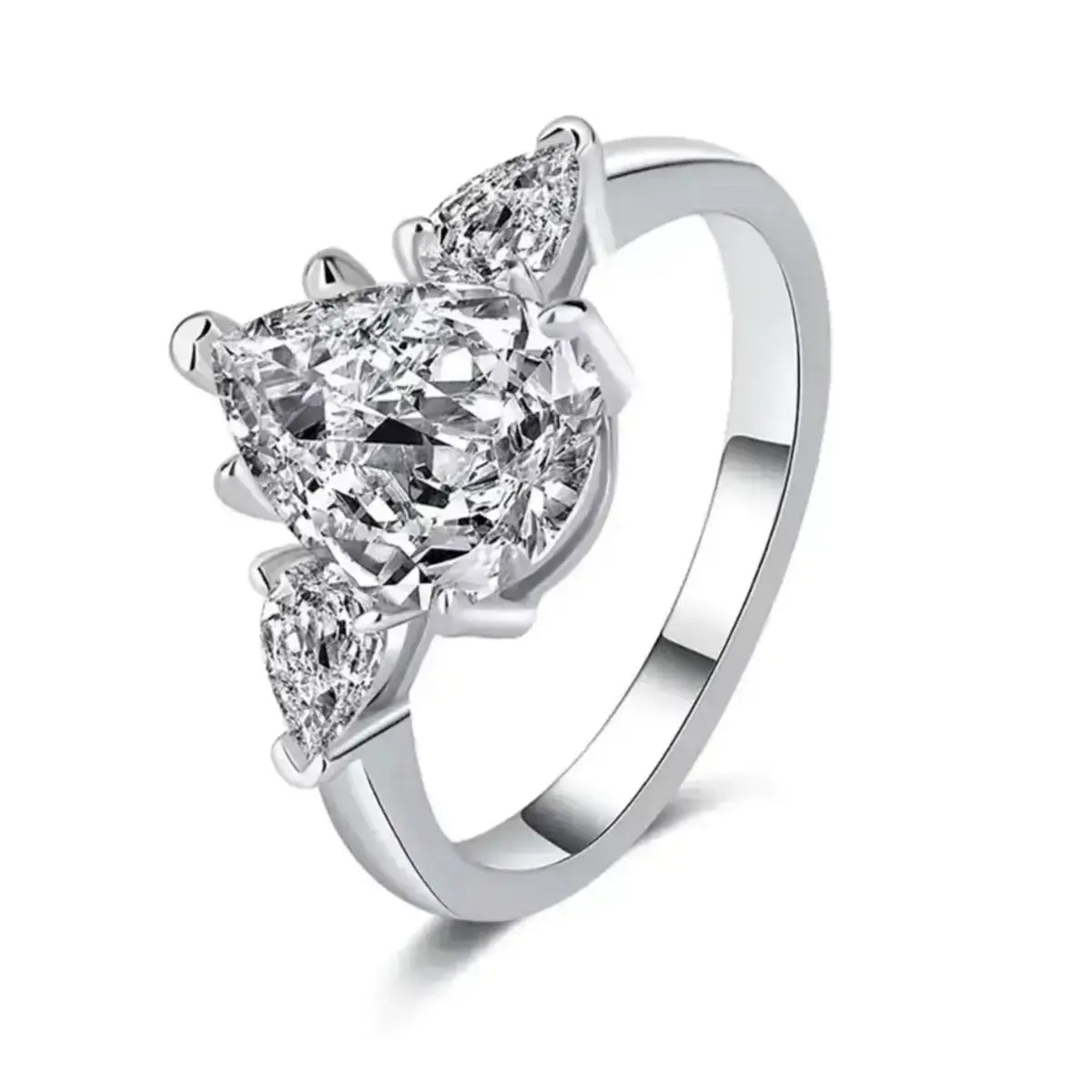 Moissanite Pear Solitaire Ring in Sterling Silver with brilliant-cut cubic zirconia accents on a clean white background.