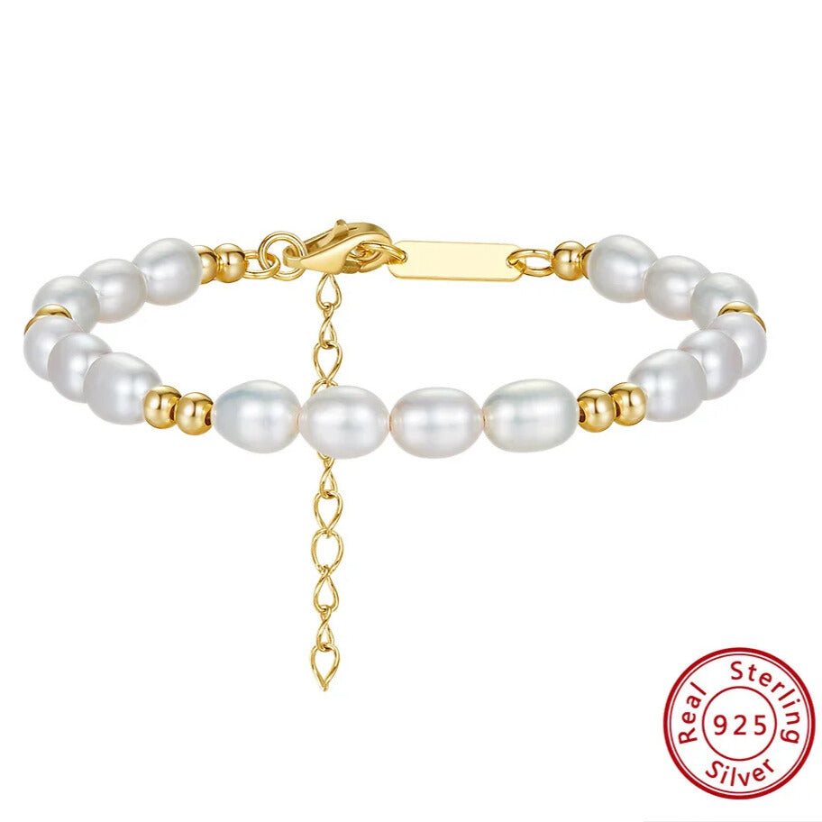 Luxury women’s jewellery – pearl and gold beads bracelet with silver chain