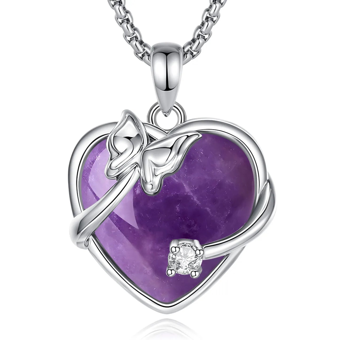 Amethyst Heart Pendant – Butterfly Crystal Healing Necklace for Women