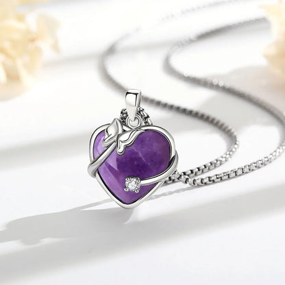 Amethyst Heart Pendant – Butterfly Crystal Healing Necklace for Women