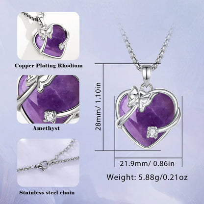 Amethyst Heart Pendant – Butterfly Crystal Healing Necklace for Women