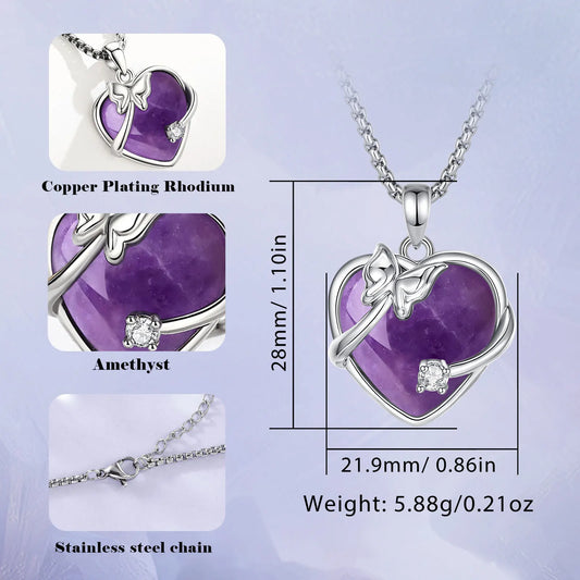 Amethyst Heart Pendant – Butterfly Crystal Healing Necklace for Women