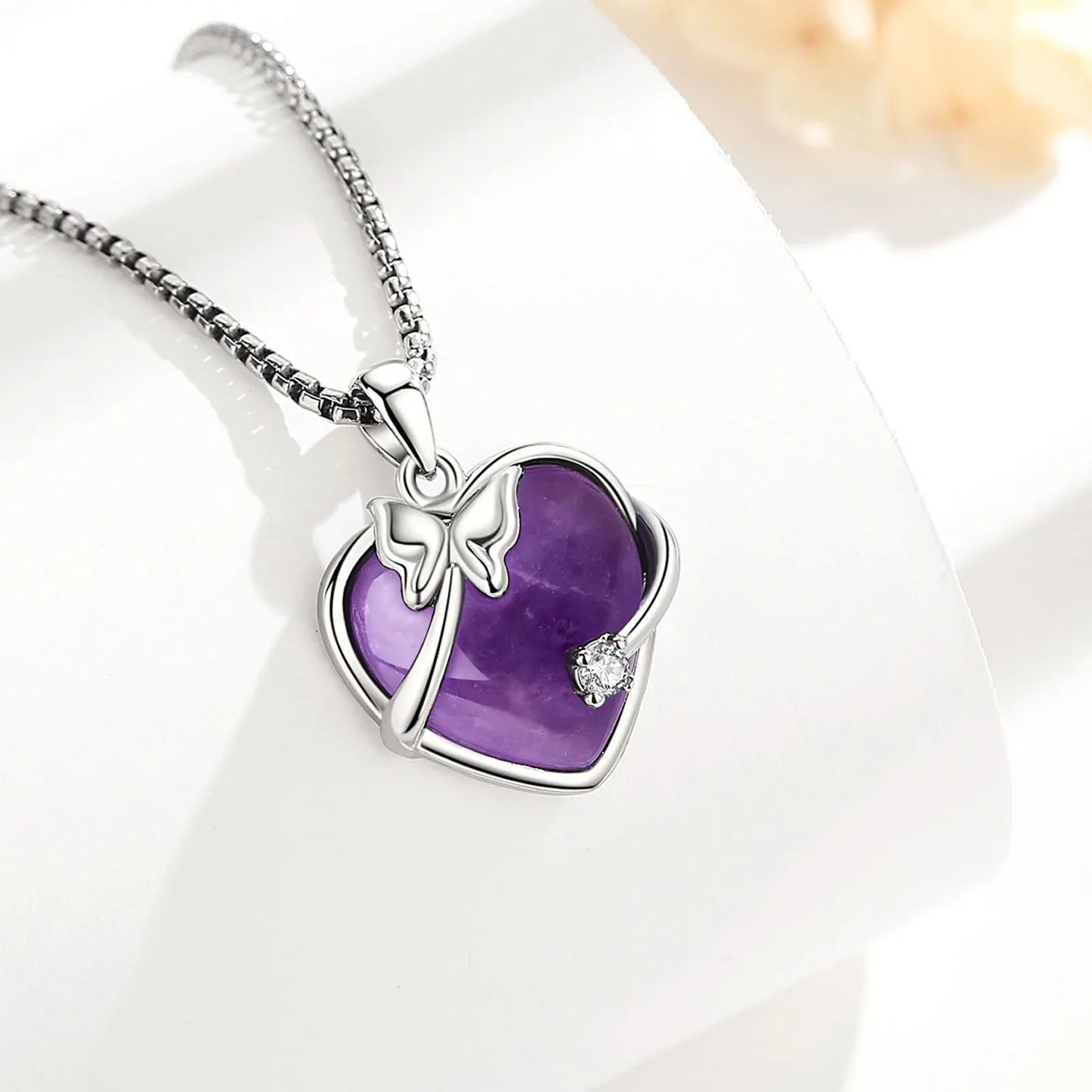 Amethyst Heart Pendant – Butterfly Crystal Healing Necklace for Women
