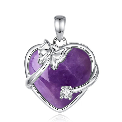 Amethyst Heart Pendant – Butterfly Crystal Healing Necklace for Women