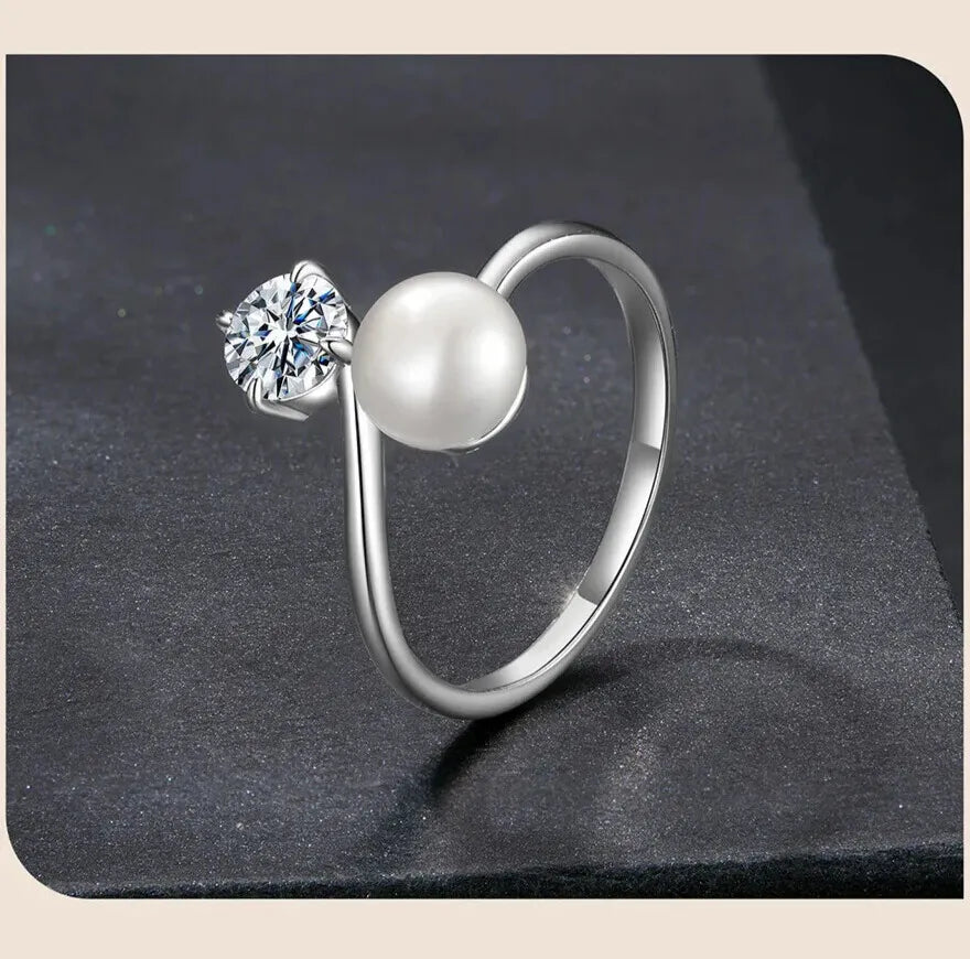 fine jewellery open ring moissanite and pearl combination