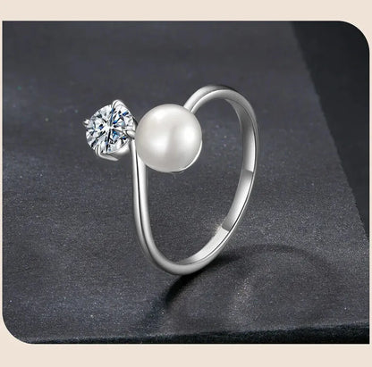 fine jewellery open ring moissanite and pearl combination