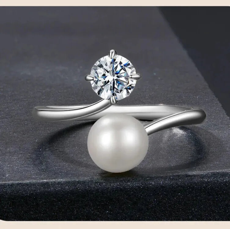 luxury sterling silver open ring with moissanite and pearl detail