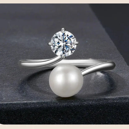 luxury sterling silver open ring with moissanite and pearl detail