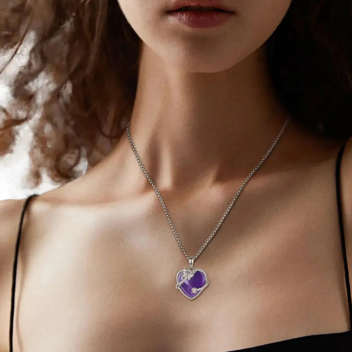 elegantia amethyst heart platinum rhodium chain necklace