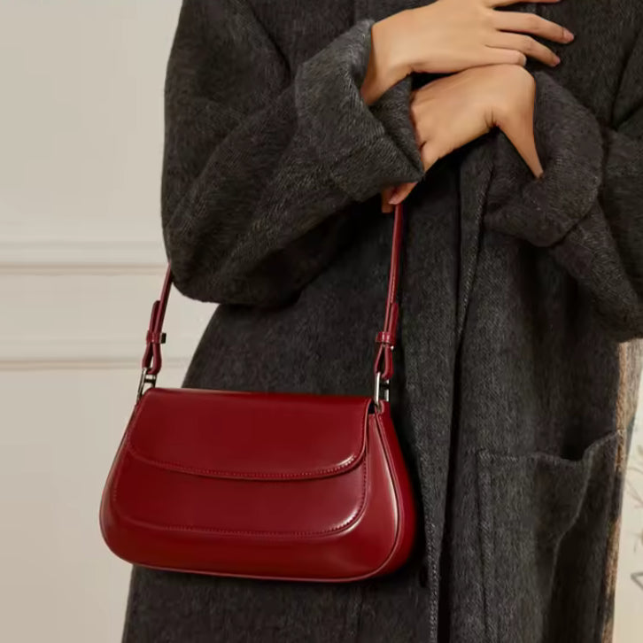 aurora wine red genuine leather bag on model