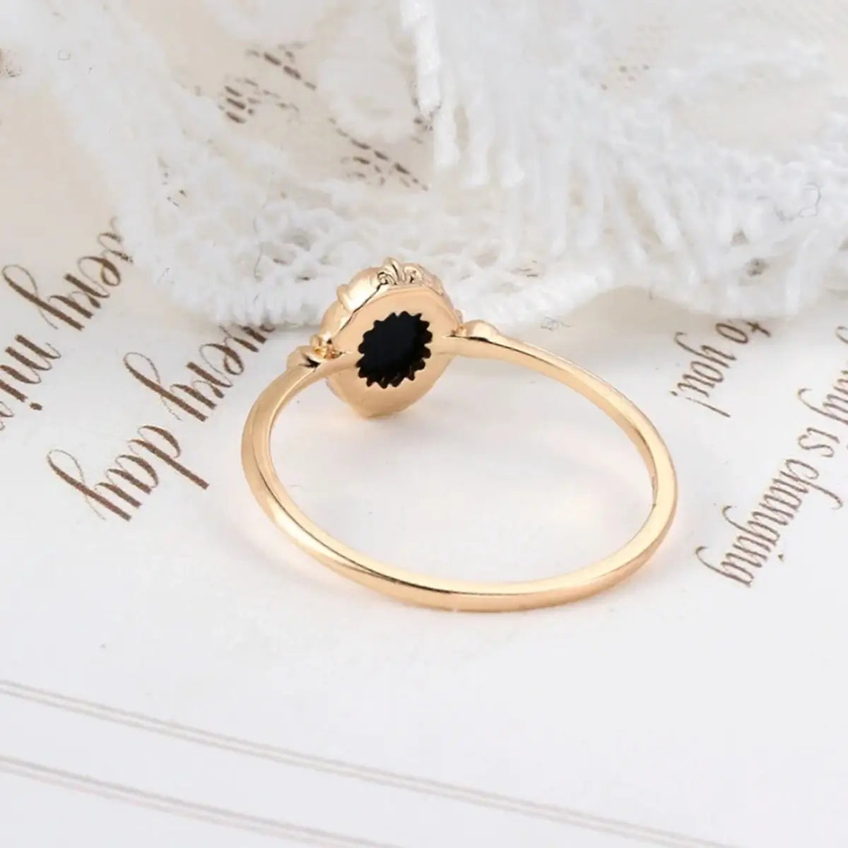 back view of gold vermeil black agate ring showing band detail