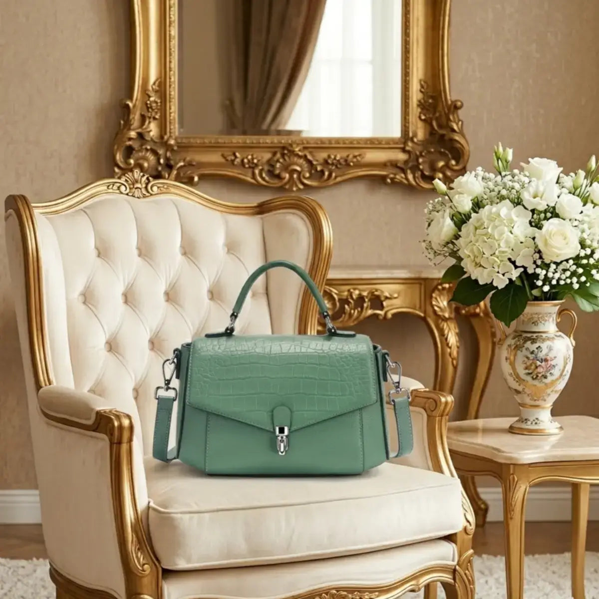 Deep green crocodile-embossed genuine leather satchel bag with top handle.