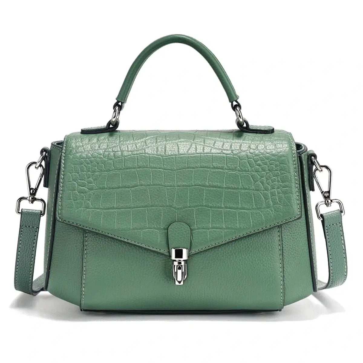 green genuine leather satchel bag worn from the front view