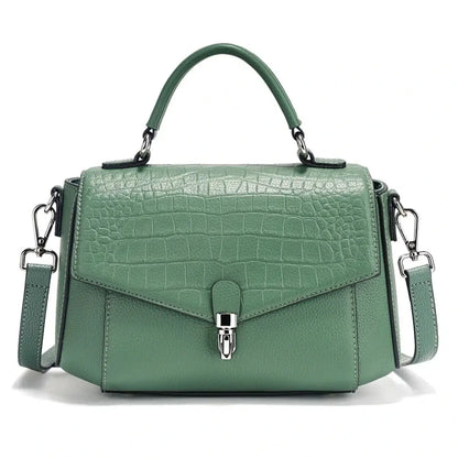 green genuine leather satchel bag worn from the front view